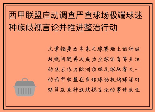 西甲联盟启动调查严查球场极端球迷种族歧视言论并推进整治行动 西甲联盟启动调查严查球场极端球迷种族歧视言论并推进整治行动