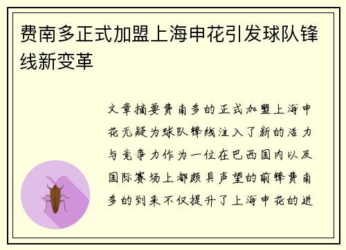 费南多正式加盟上海申花引发球队锋线新变革